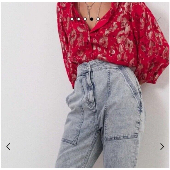 ba&sh Tanama Blouse Red Floral Gold Metallic Accents Women Size S/4 Fancy NWT - Picture 4 of 14